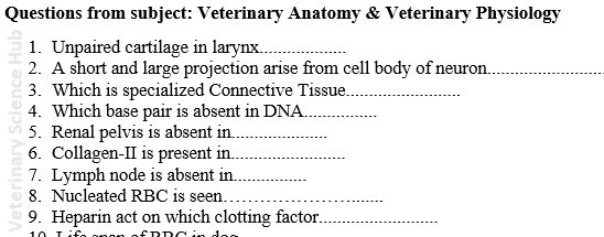 Questions PDF- 7: Veterinary Anatomy and Veterinary Physiology